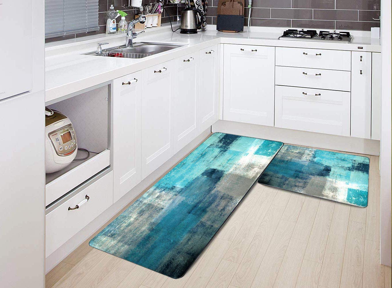 Tomwish Rugs For Kitchen Floor, Area Rug Turquoise And Grey Abstract Art Painting 17''X48''+17''X24'' Non-Slip Rug Set For Dinin